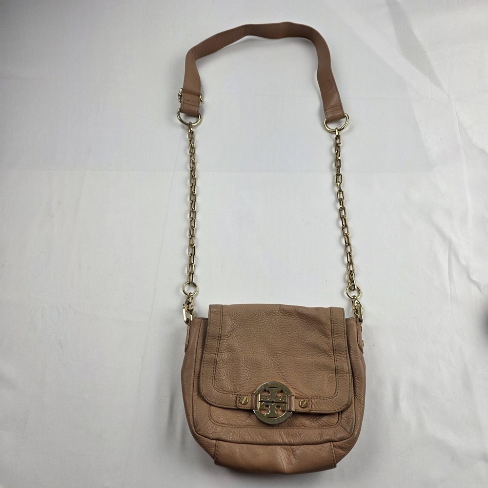 Tory Burch Crossbody Bag Womens Small Tan Leather Chain Gold Logo Purse